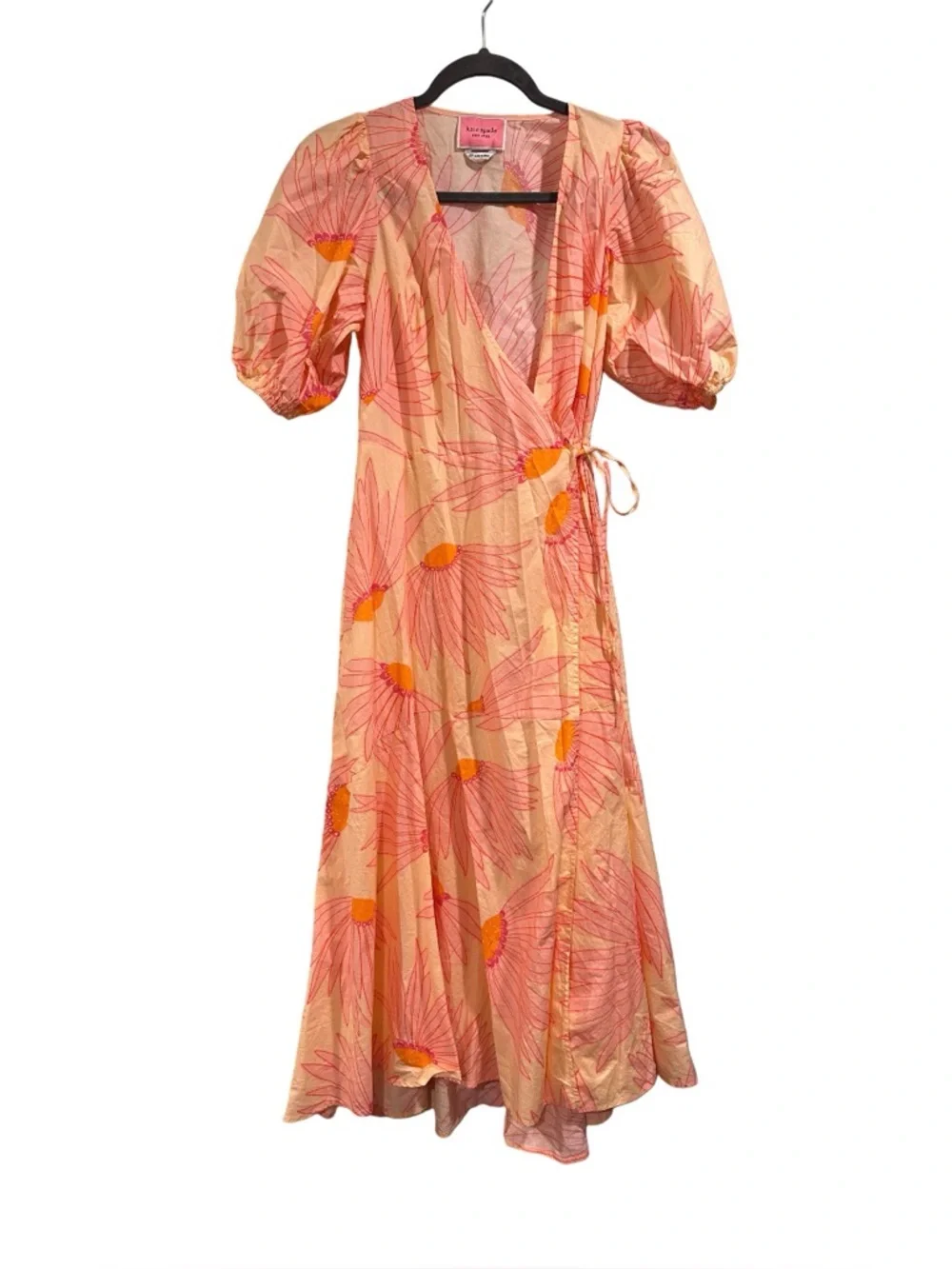 Kate Spade New York Falling Flower Grand Daisy Wrap Dress Peach Puff Sleeves NEW